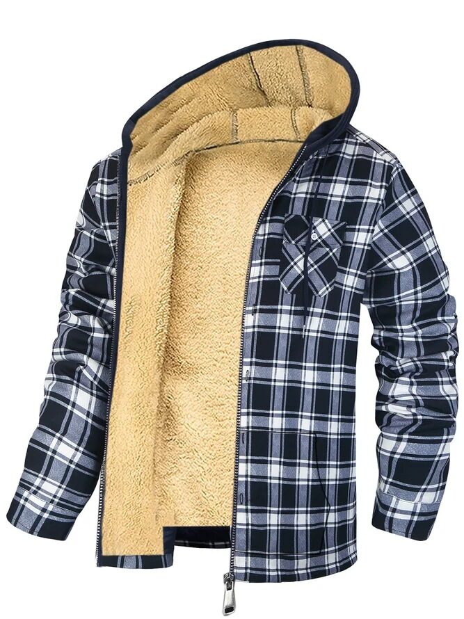 Men's Plaid Print Hooded Zip-Up Jacket Winter Thickened