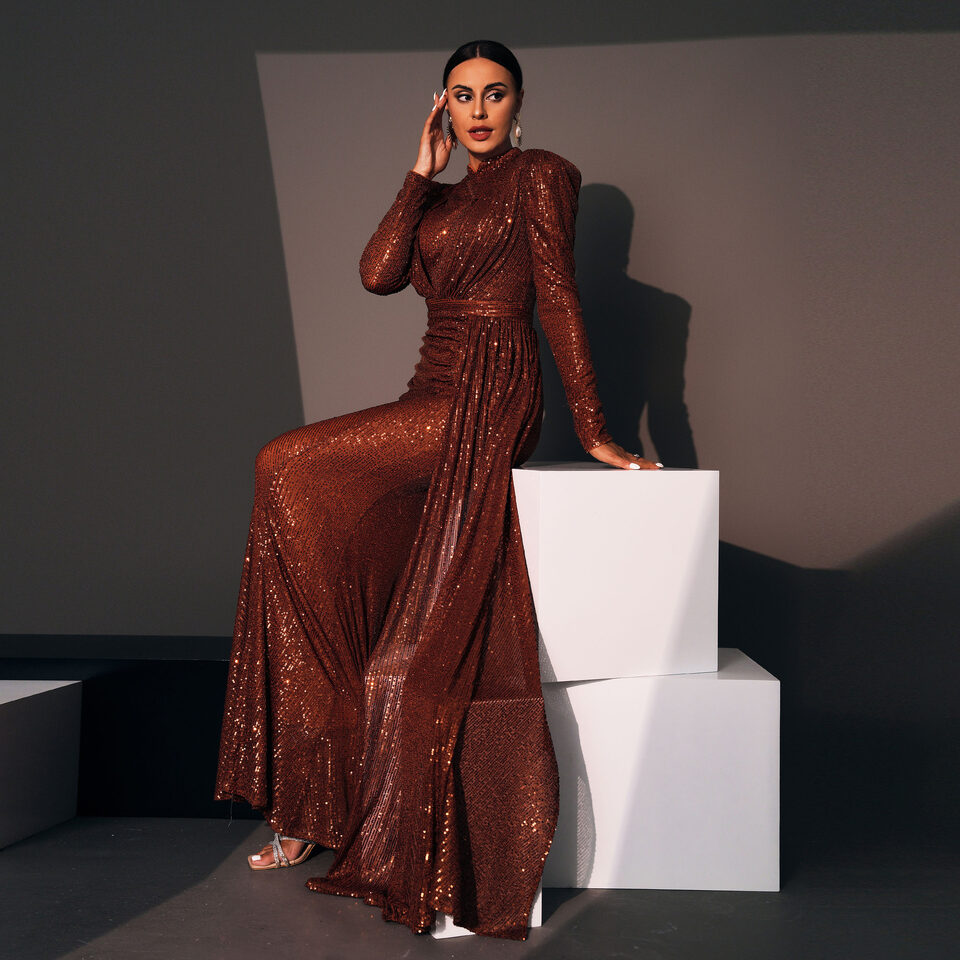 Long Sleeve Round Neck Sexy Slim Sequined Banquet