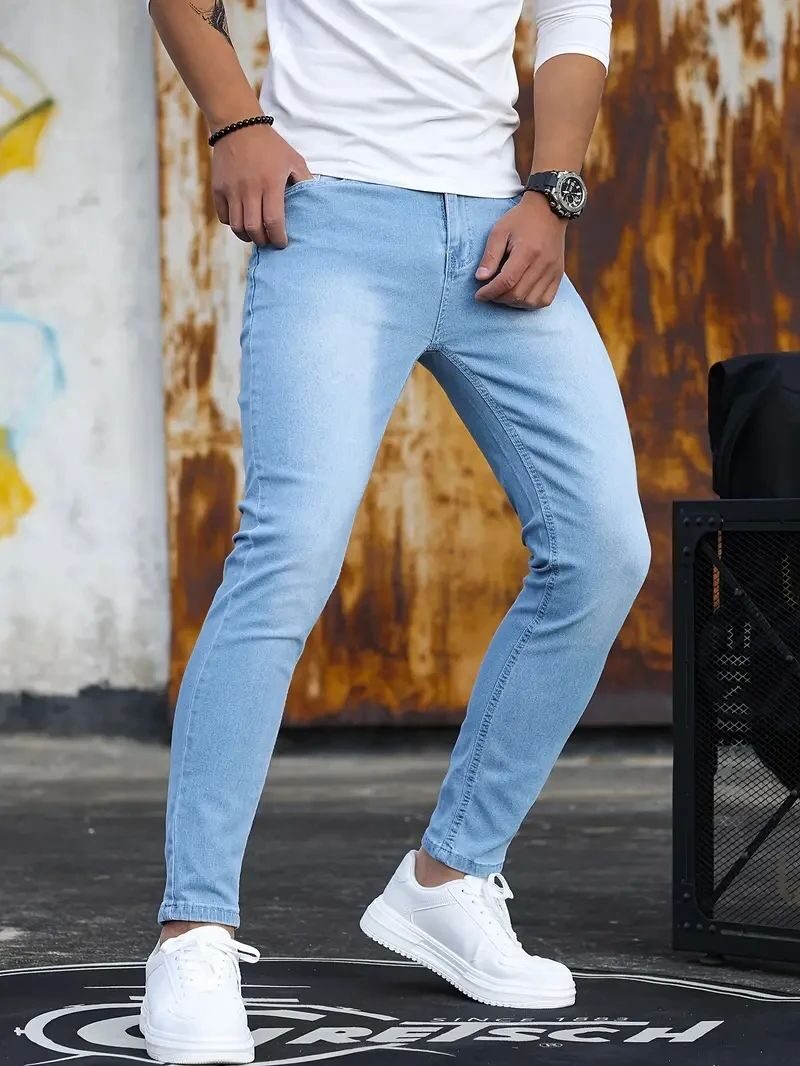 Man Pants Retro Washing Zipper Sretch Jeans Casual