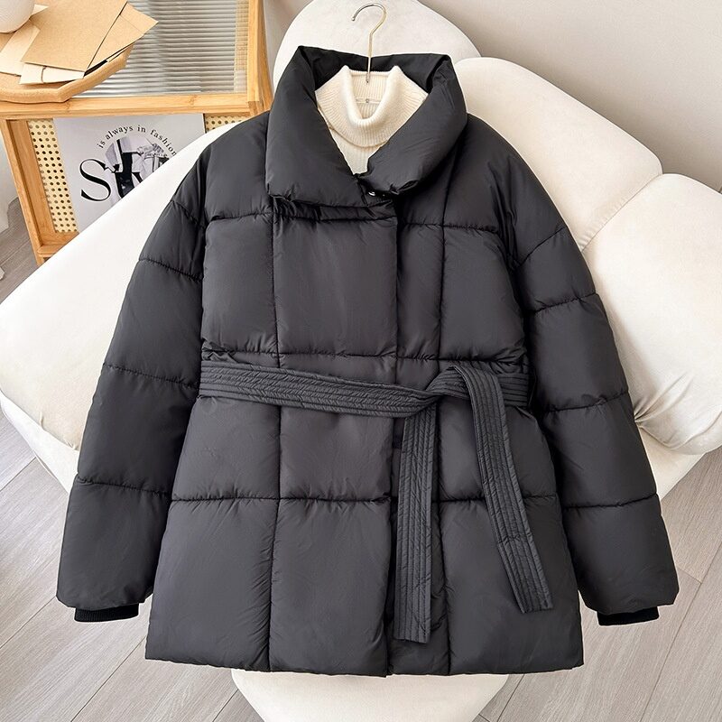 Warm Lapel Plaid Coat With Belt Design Fashion