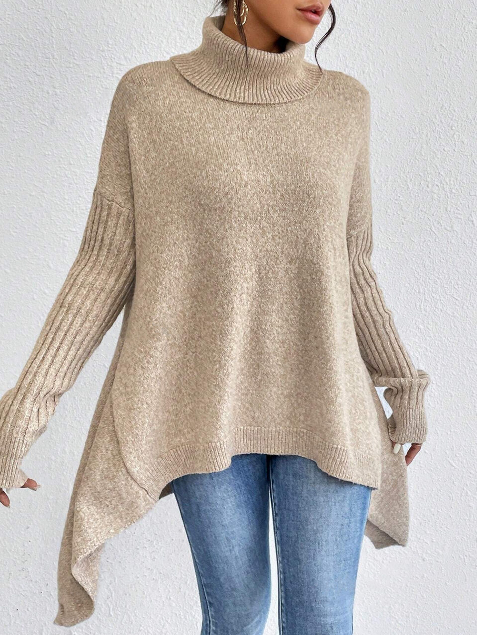 Irregular Turtleneck Sweater Winter Loose Long Sleeve Knitted