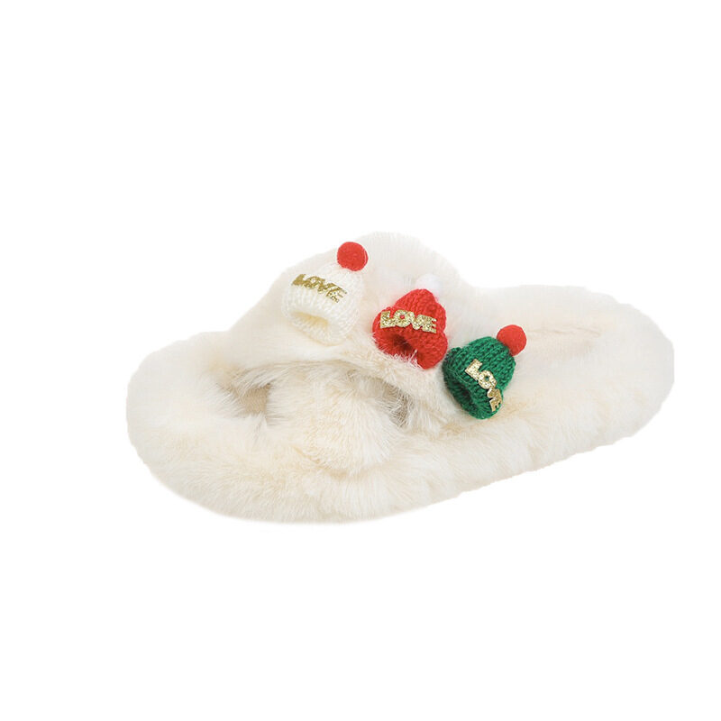 Christmas Hat Fluffy Slippers Women's Warm Toe Covering