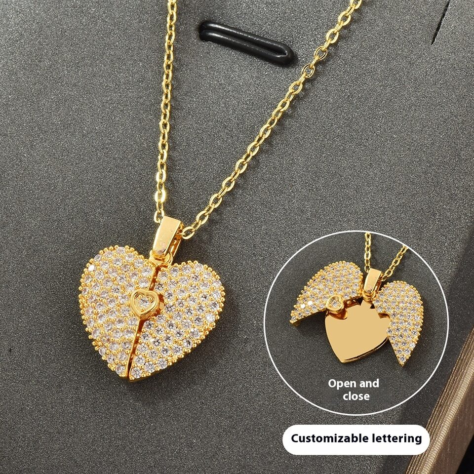Personalized Name Heart Locket Necklace Zirconia Paved Engraved