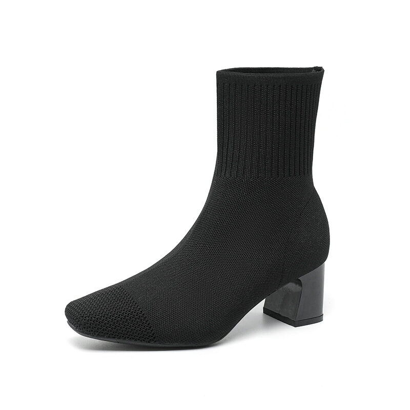 Elastic Chunky Heel Thin Boots Knitted Sock