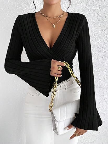 Women's Autumn And Winter Rib Sunken Stripe V-neck