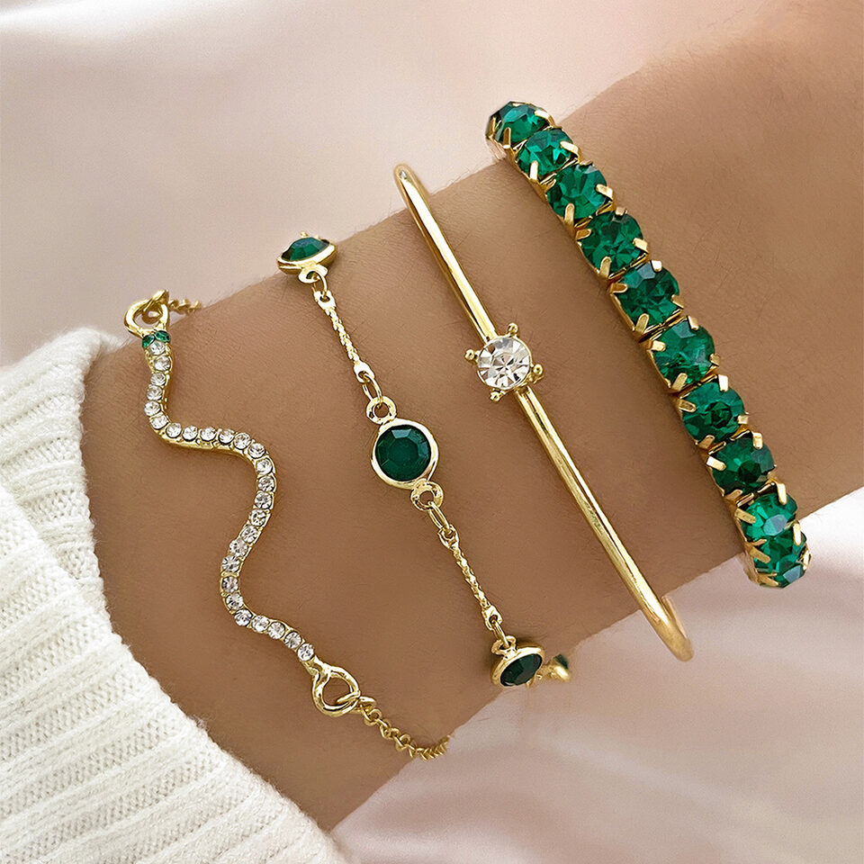 4pcs Bracelet Suit Fashion Green Grandmother Diamond Stretch