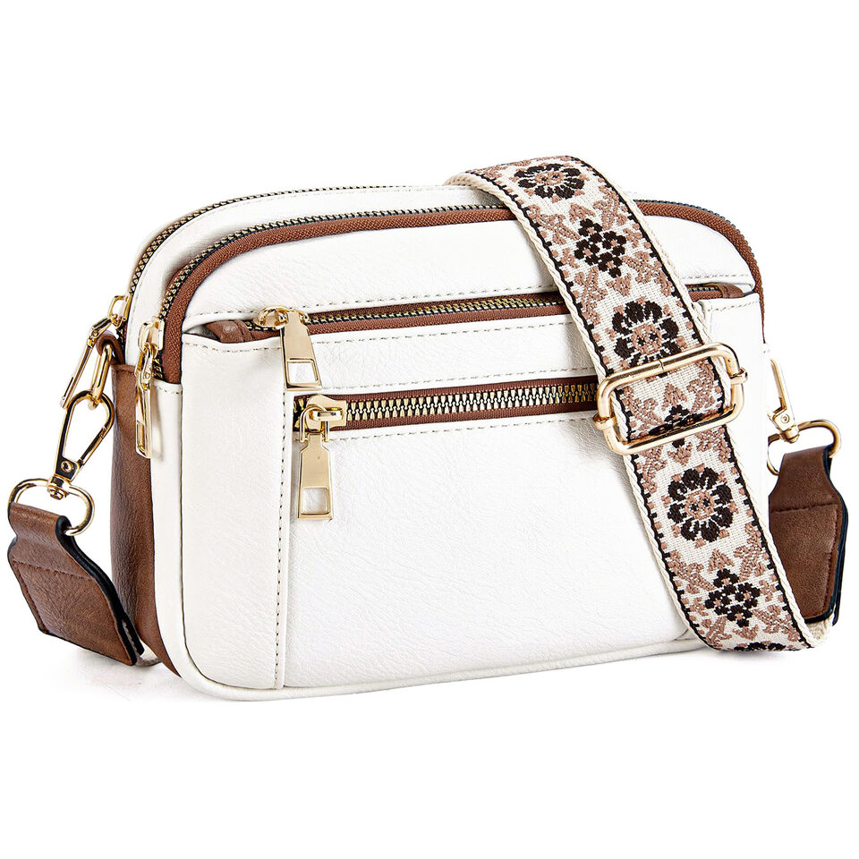 Triple-zipper Shoulder Bag With Floral Embroidered Straps Fashion