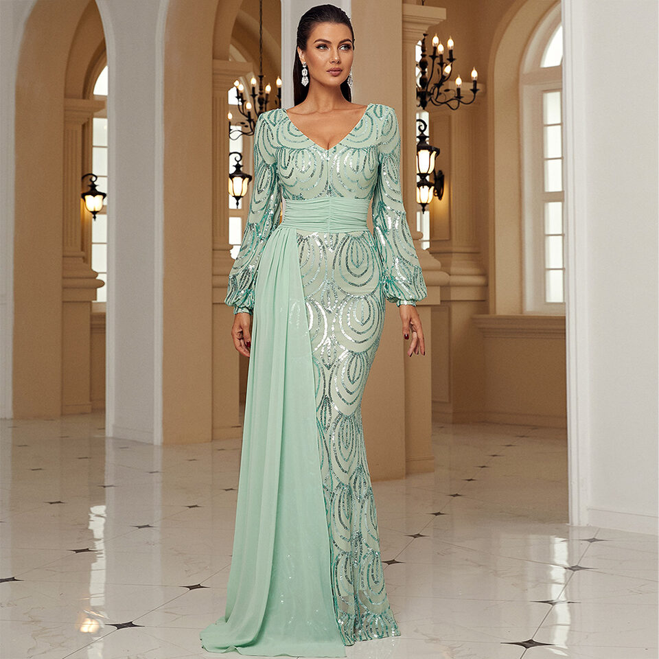 Long Sleeve Sexy Sequined V-neck Banquet Ribbon Evening