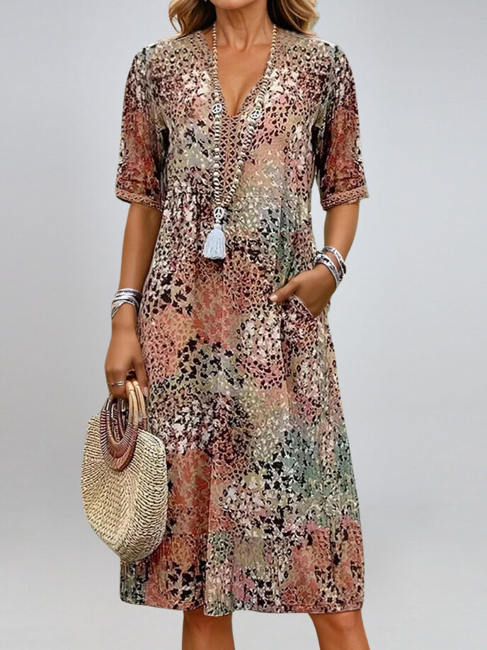 Summer V-neck Half-sleeved Dress With Pockets Fashion Ethnic