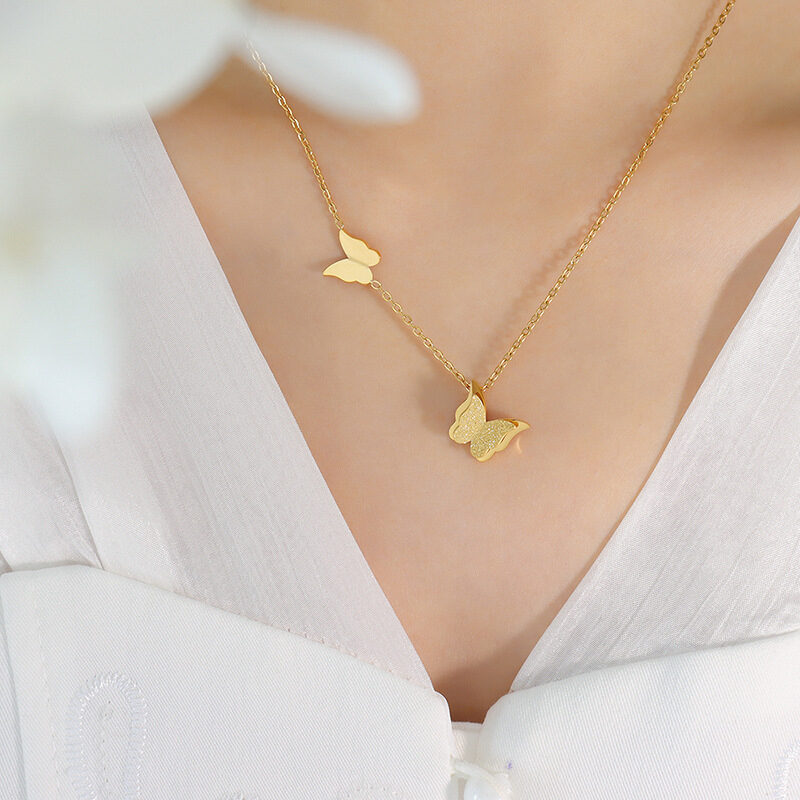 Frosted Texture Cute Butterfly Titanium Steel Suit Necklace