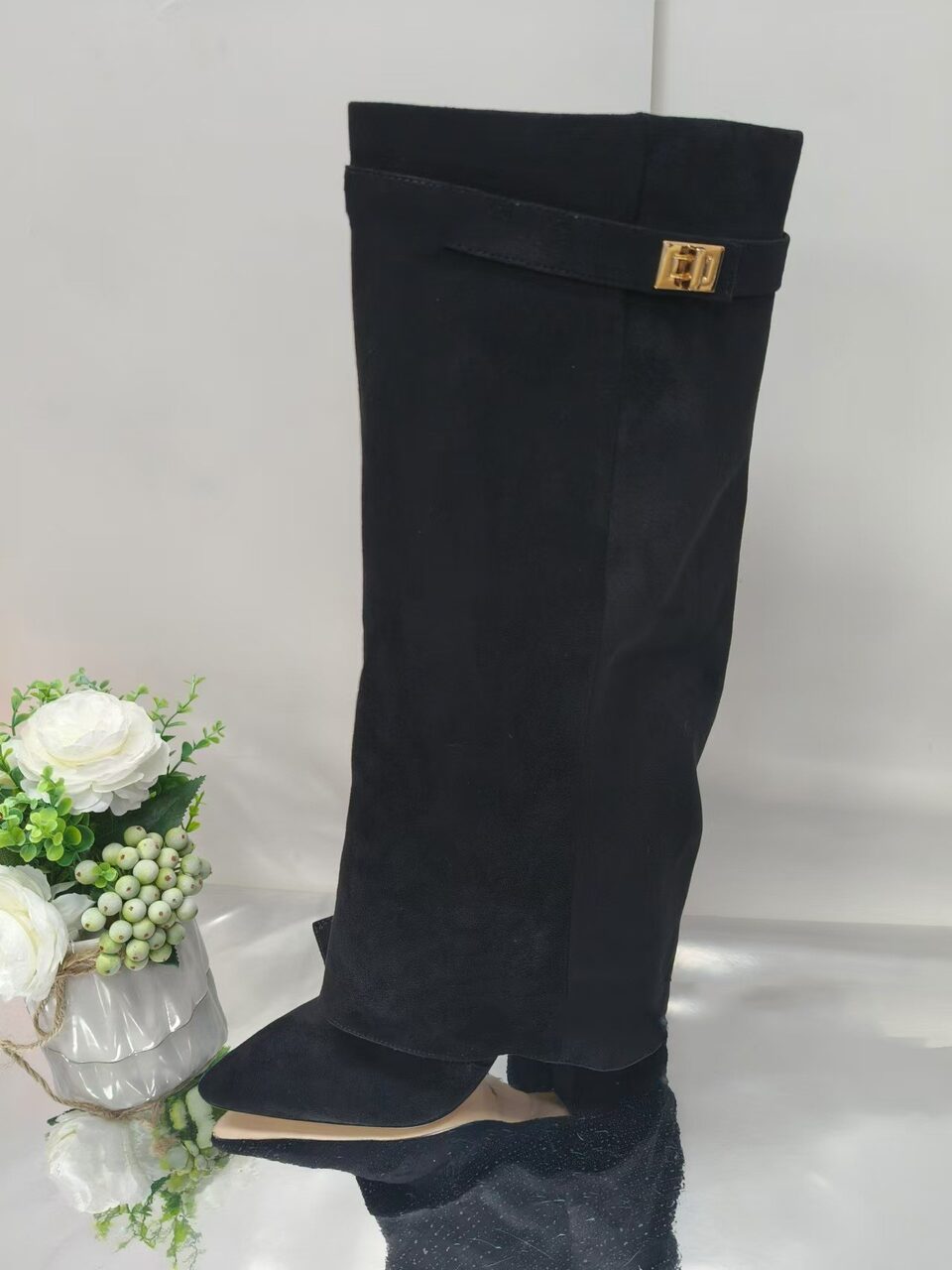 Ins Pant-tube Boots Pointed Toe Chunky Heel Shoes