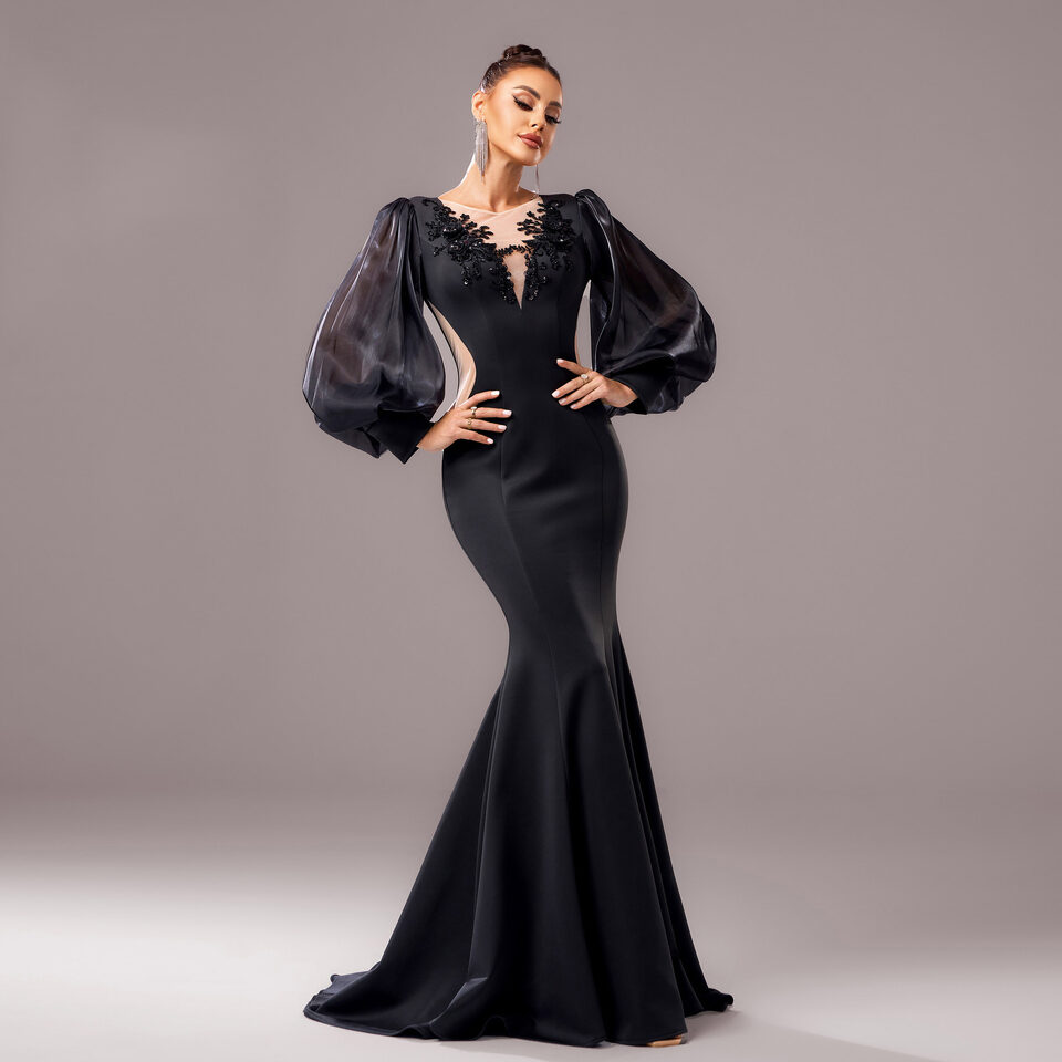 Long Sleeve Round Neck Banquet Applique Sheath Fishtail