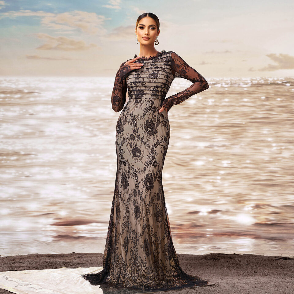 Long Sleeve Round Collar Gauze Sheath Fishtail Evening