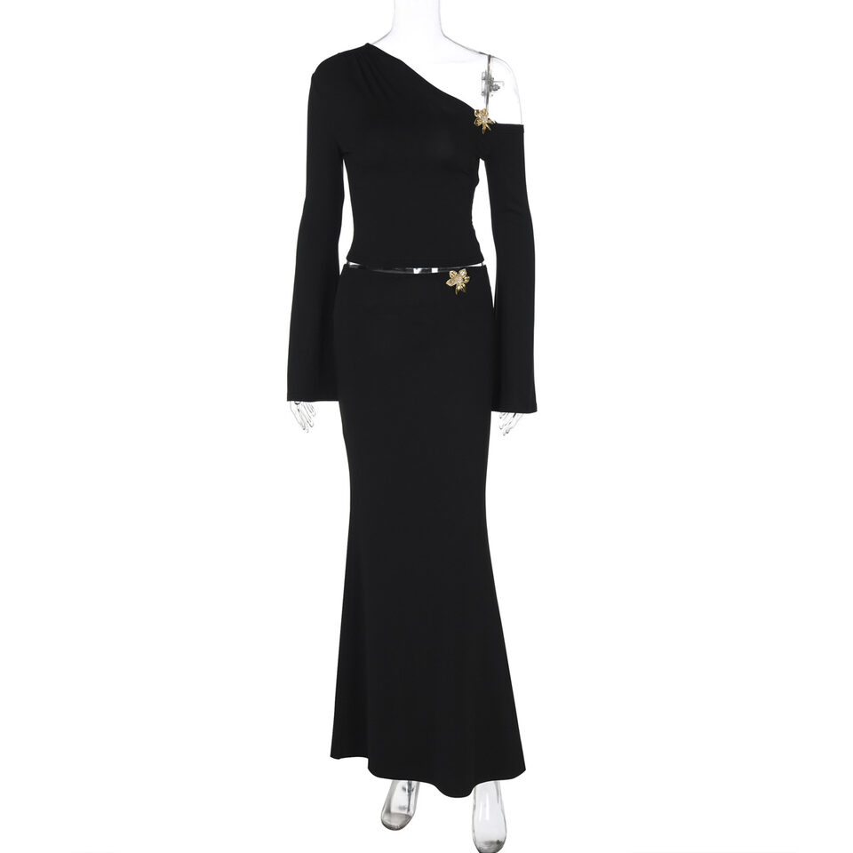 Sexy Slim Oblique Shoulder Skirt Suit With Flower