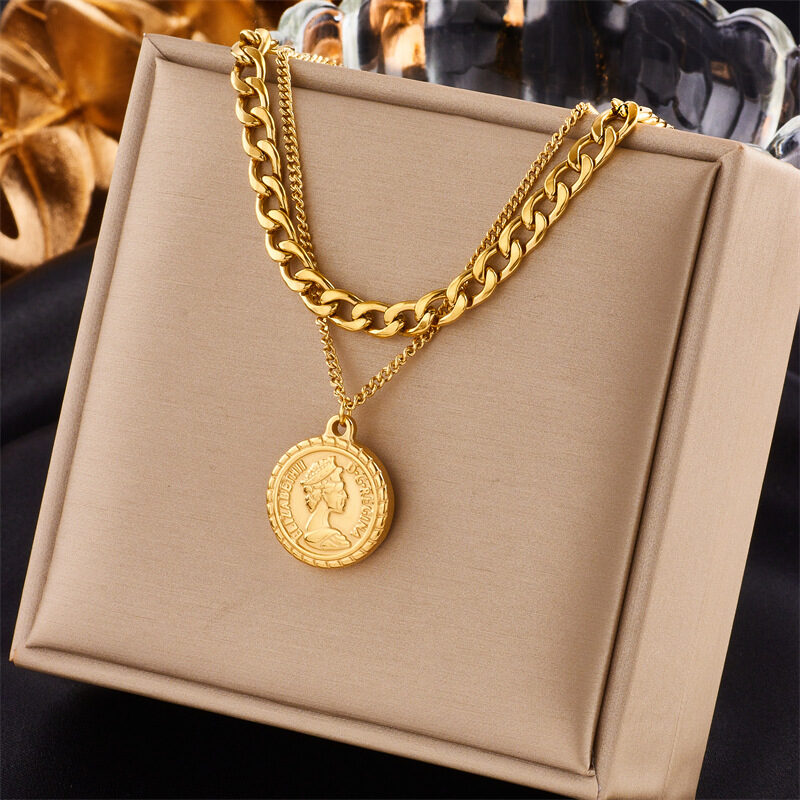 Geometric Portrait Coin Pendant Necklace For Women New