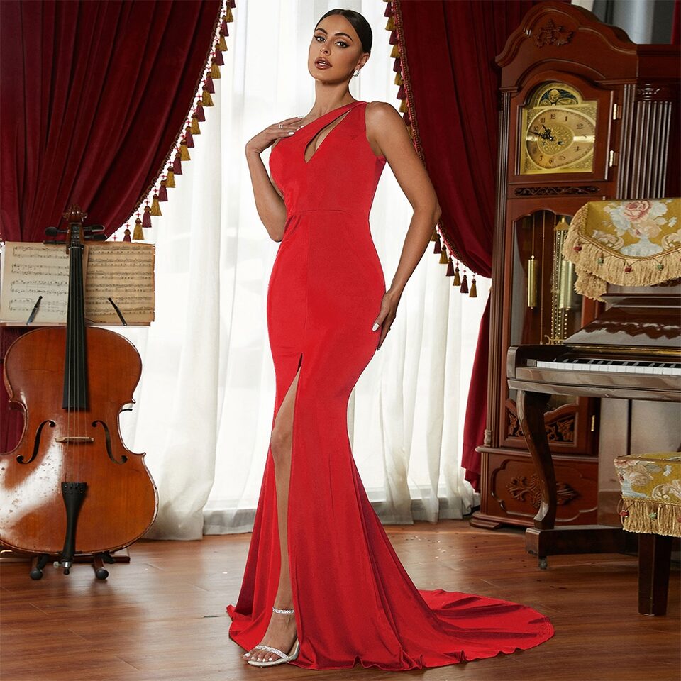 Wine Red Annual Meeting Dress Sleeveless One-shoulder Solid