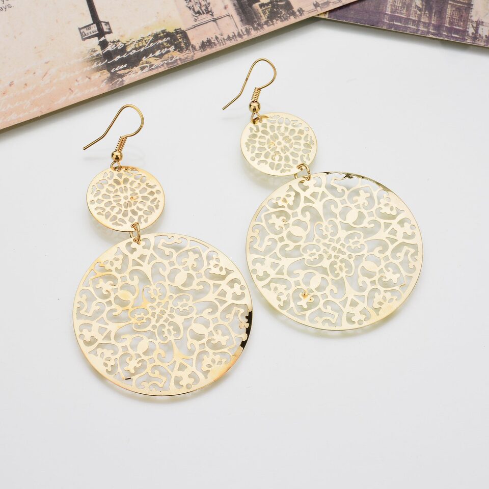 Womens Round Hollow Earrings Gold Filled Dangle Drop