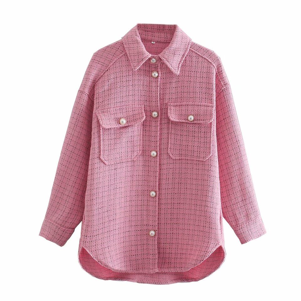Women Plaid Pattern Thick Coats Jacket Pearl Buttons