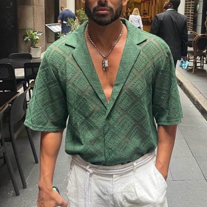 Fashion Mens Clothing Hollow-out Breathable Short-sleeved Lapel Casual