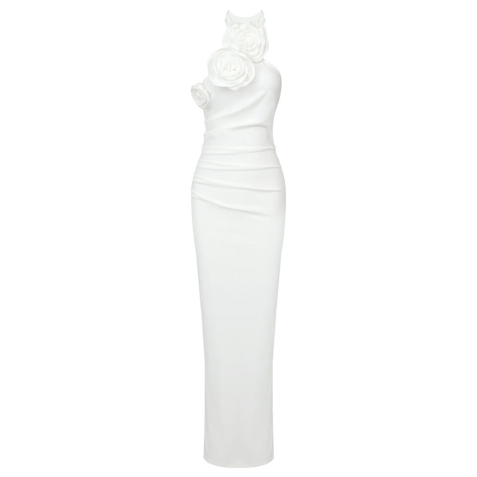 White Ribbon Flower Halter Long High Sense Dress