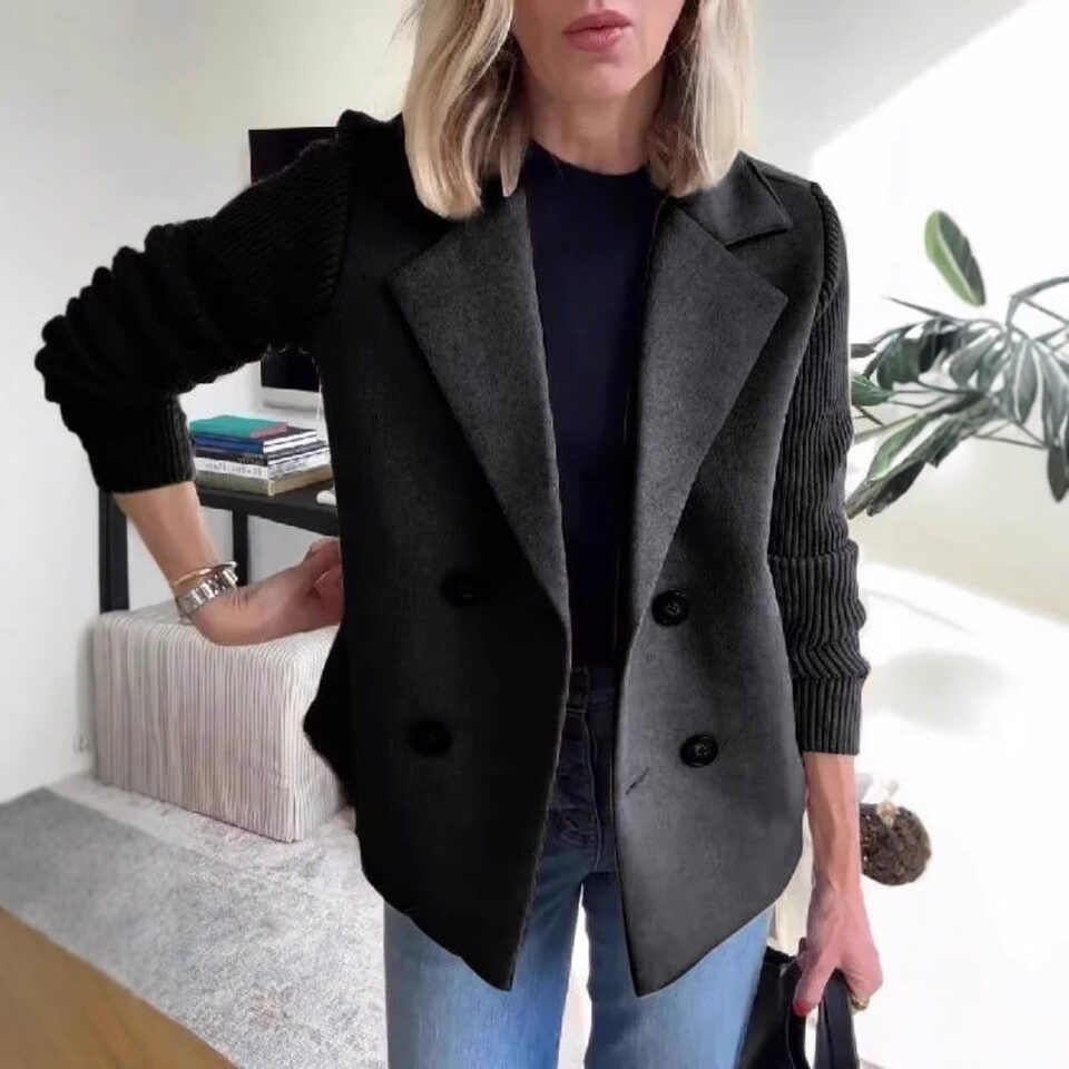 Double Breasted Lapel Jacket Fashion Knitted Sleeves Splicing