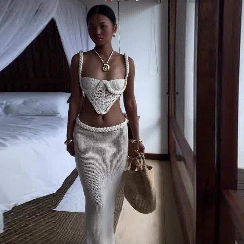 Y2K Crochet Knit 2 Piece Skirt Set Women's