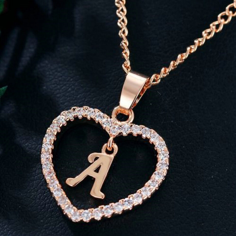 26 Letters Heart-shaped Zircon Pendant Necklace Stainless Steel