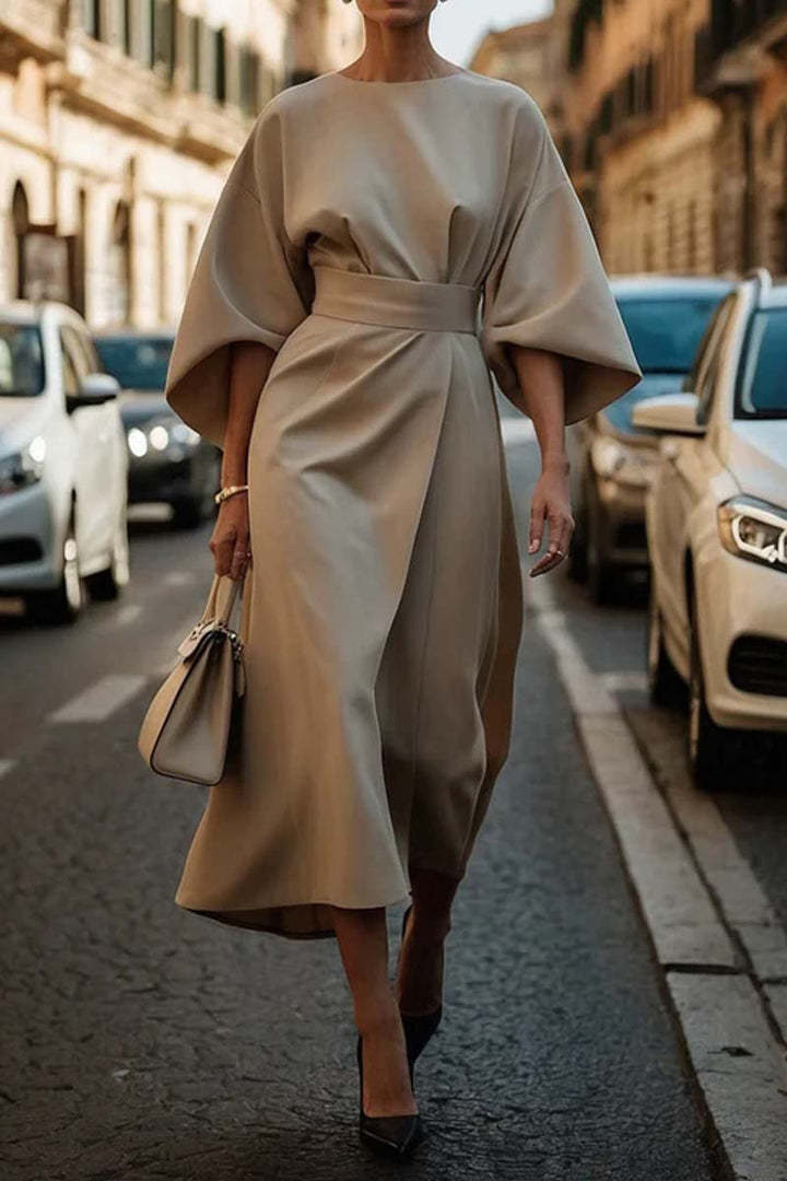 Loose Batwing Sleeve Dress Fashion Waist-tighted Solid Color