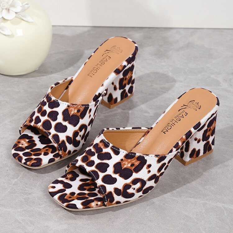 Leopard Square Toe Sandals Summer High-heeled Slippers Chunky