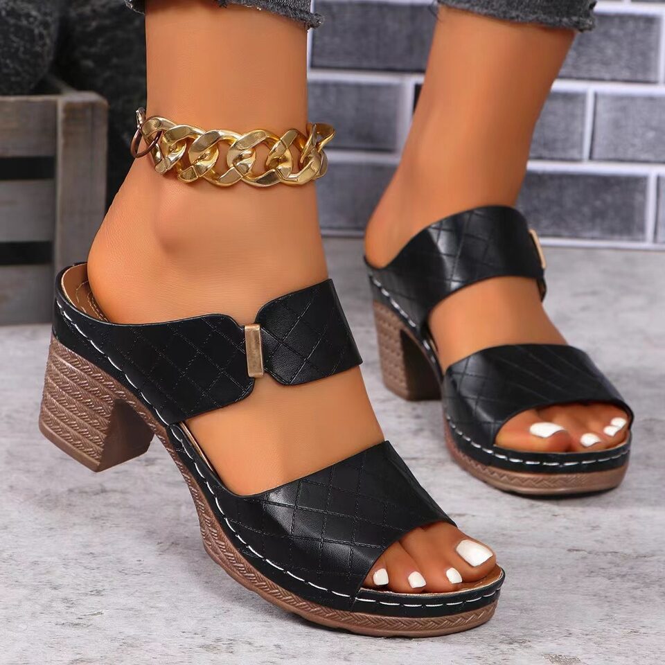 Chunky Heel Sandals Summer Round Toe Plaid Slides