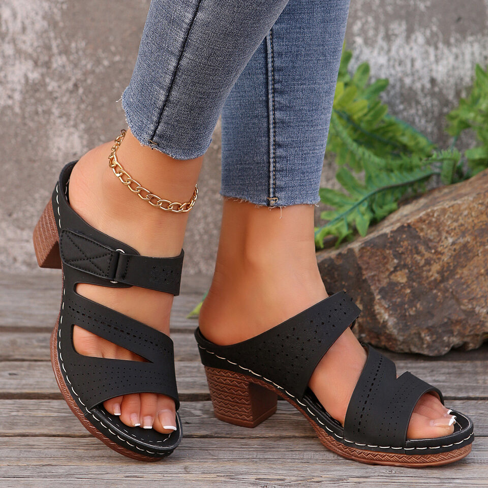 Square-heeled Peep-toe Slides Shoes Summer Casual Chunky Heel