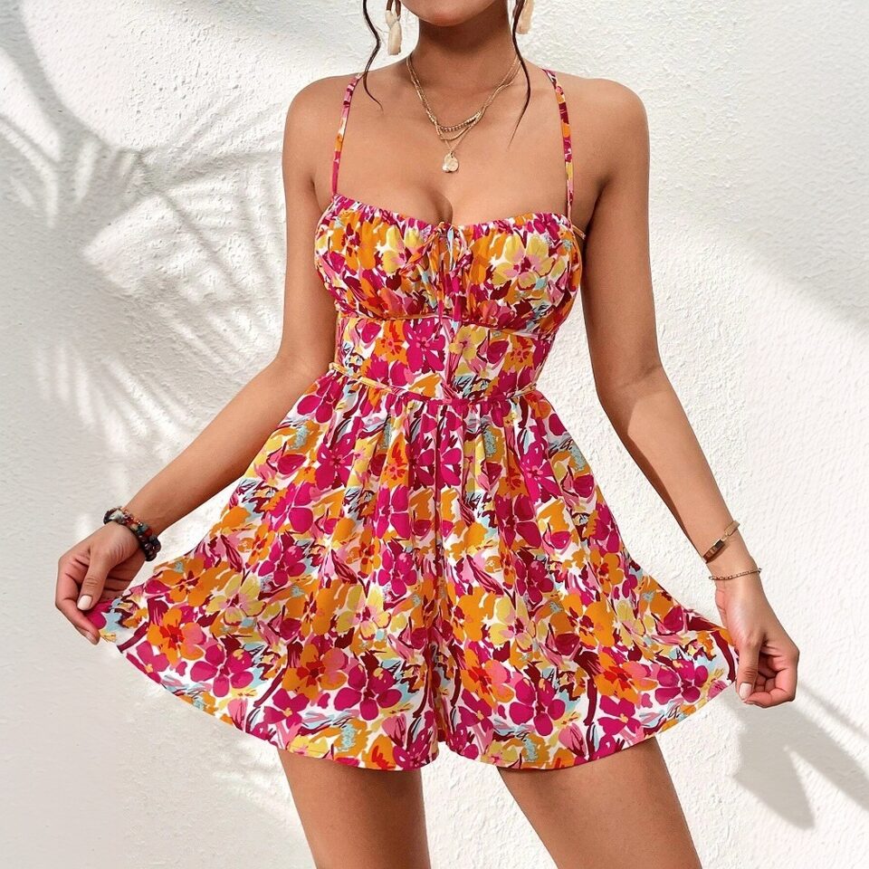 Women's Floral Print Dress Summer Lace-up Back Seaside