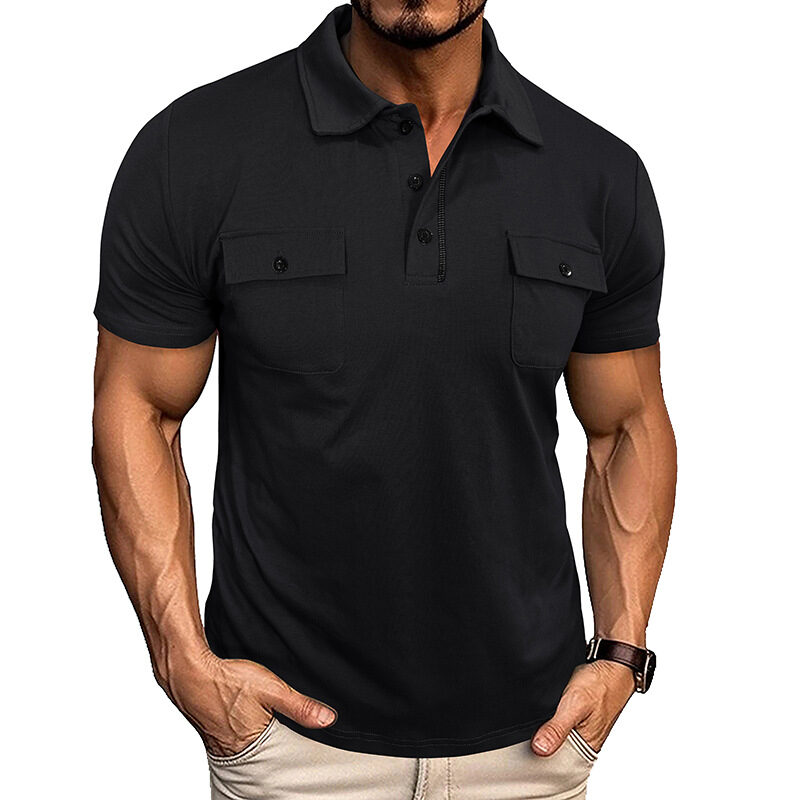 Summer Lapel Button Polo Shirt With Pockets Outdoor