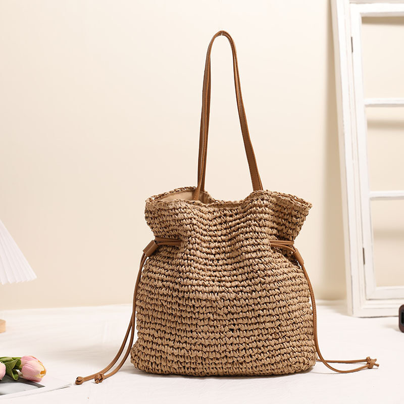 Large Capacity Straw Bag Drawstring Hand-carrying Knitting Shoulder