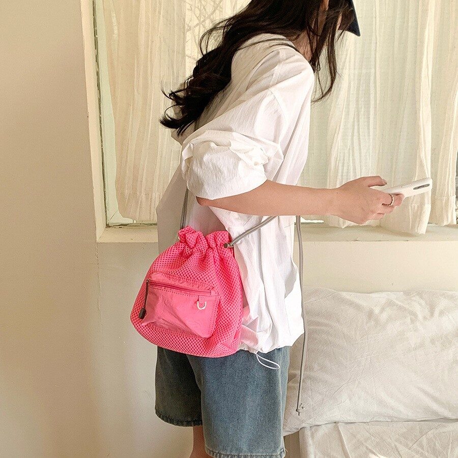 Small Mesh Drawstring Bucket Bag Fashion Cute Messenger