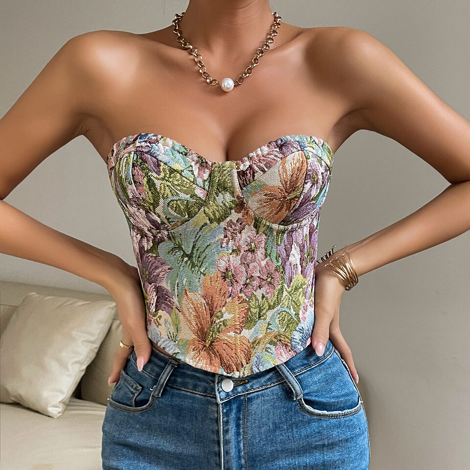 Y2K Floral Print Tube Vest Top With Back-tied