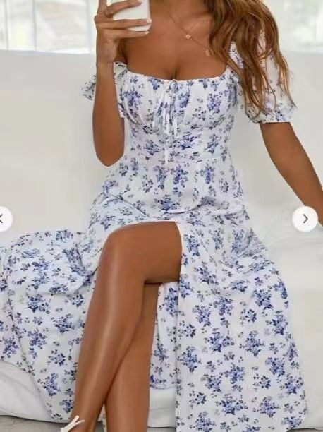 Floral Print Short Sleeve Split Dress Summer Fashion