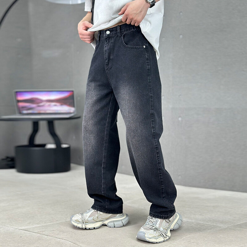 Fashion Pockets Jeans Men's Wide-leg Straight Trousers Versatile