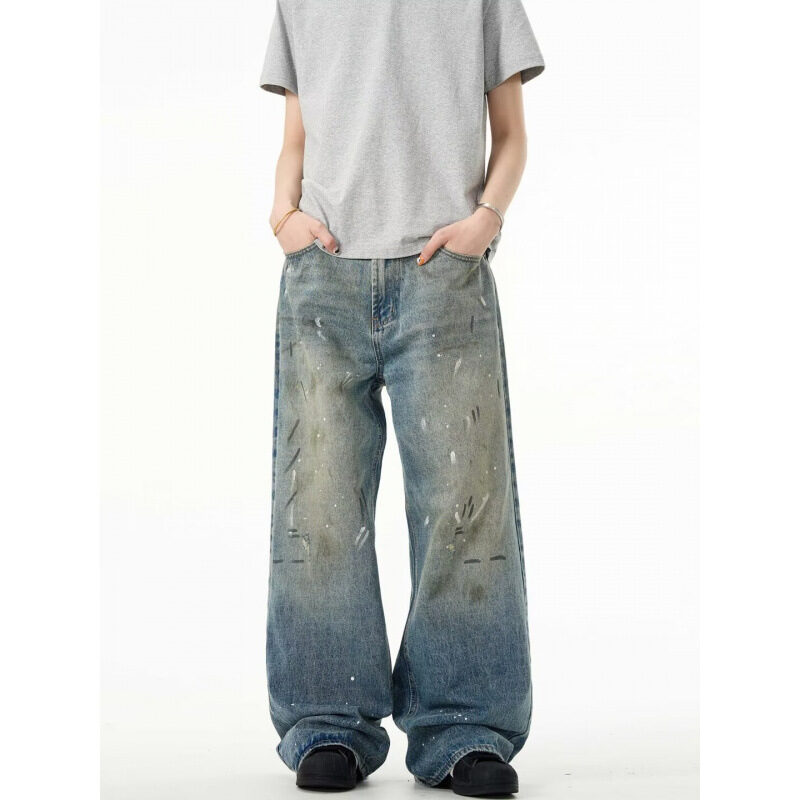 Splash-ink Jeans Men's Retro Washed Distressed Baggy Straight