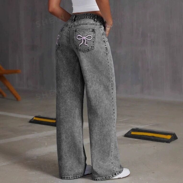 Vintage Bow Embroidered Washed Jeans For Women Straight