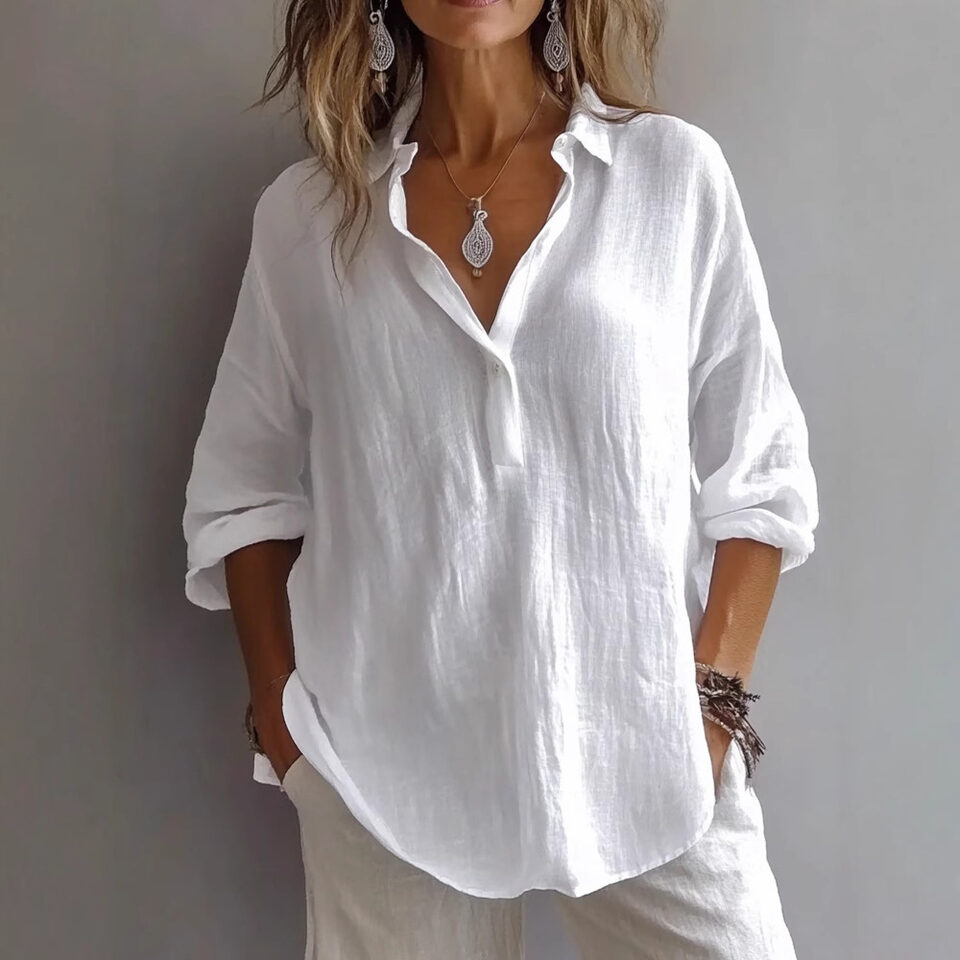 Fashion Long-sleeved Lapel Pullover Shirt Casual Loose Solid