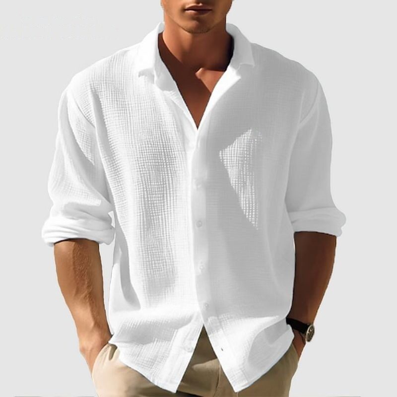 Men's Lapel Long Sleeve Shirt Fashion Solid Single