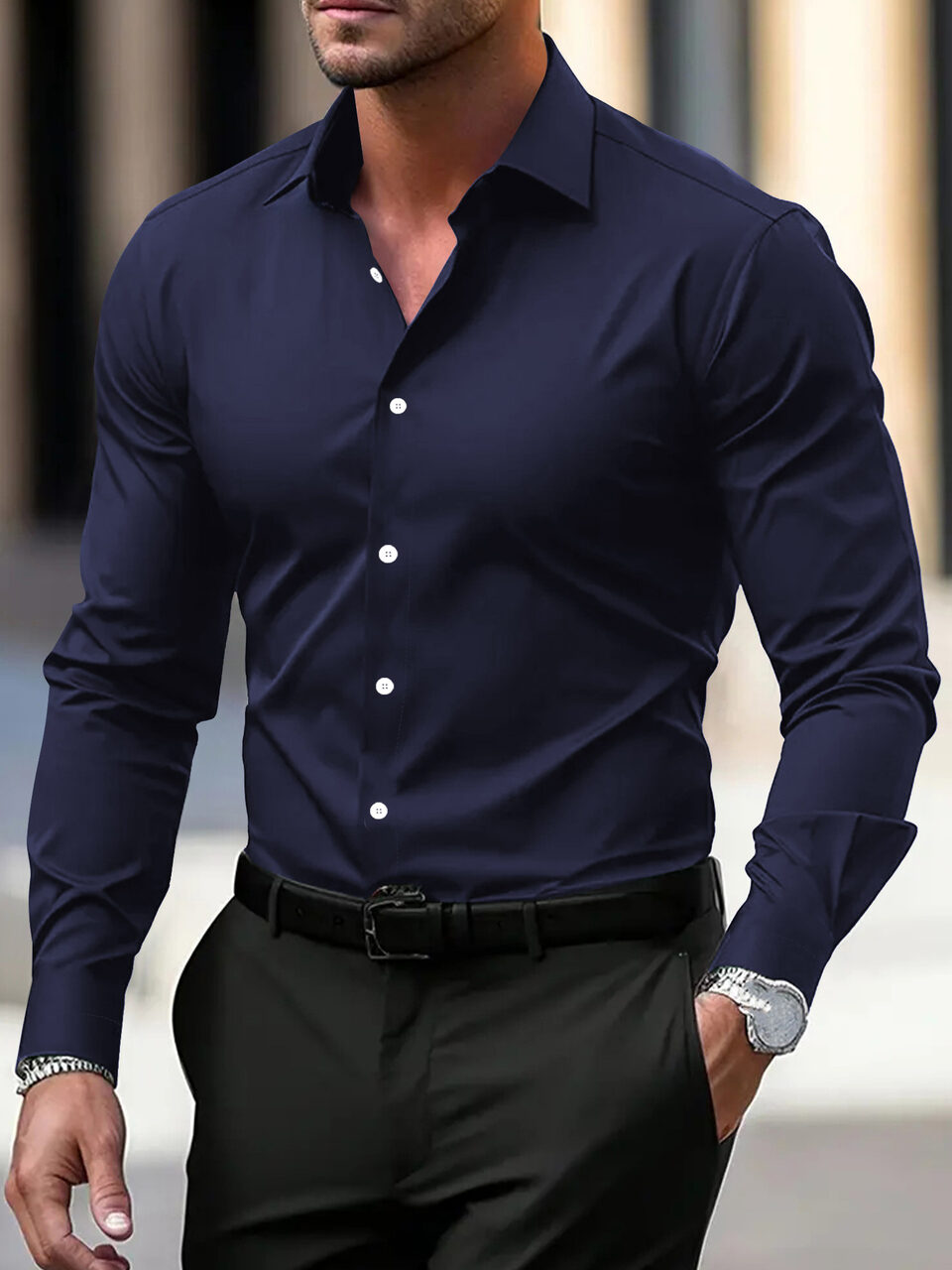 Men's Shirt Business Button Down Summer Solid Color