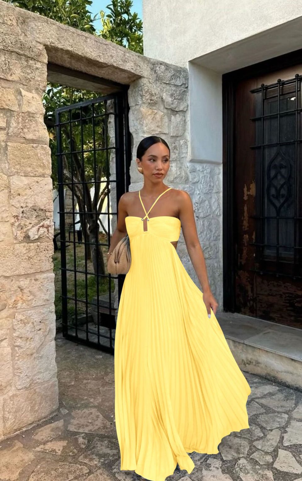 Ins Pleated Sleeveless Sling Dress Hollow High Waist