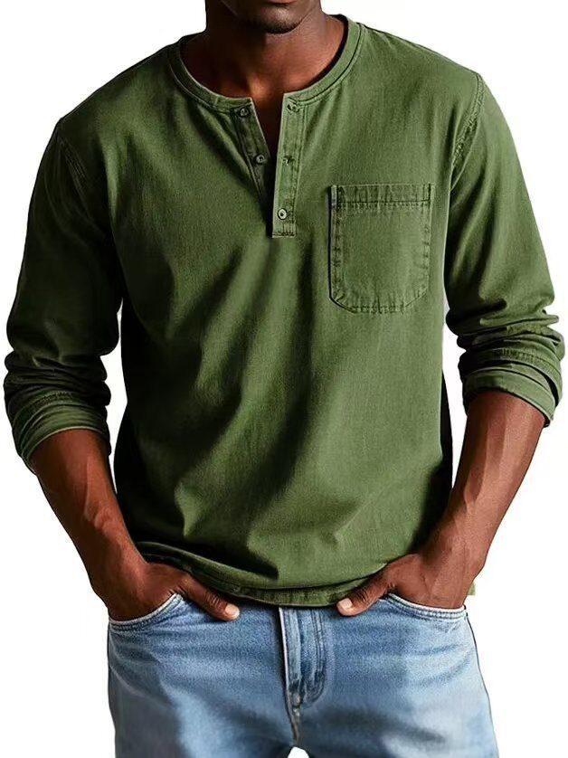 V-neck Long-sleeved T-shirt With Button Design Fashion Casual