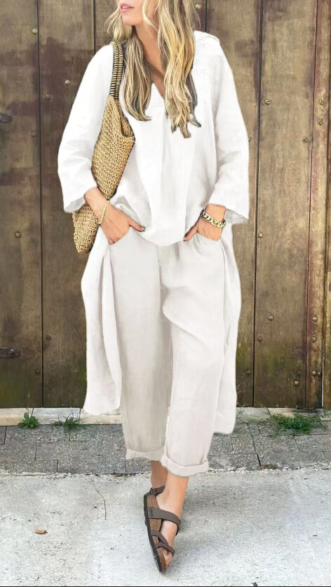 2pcs Long-sleeved Suits Loose V-neck Long Top