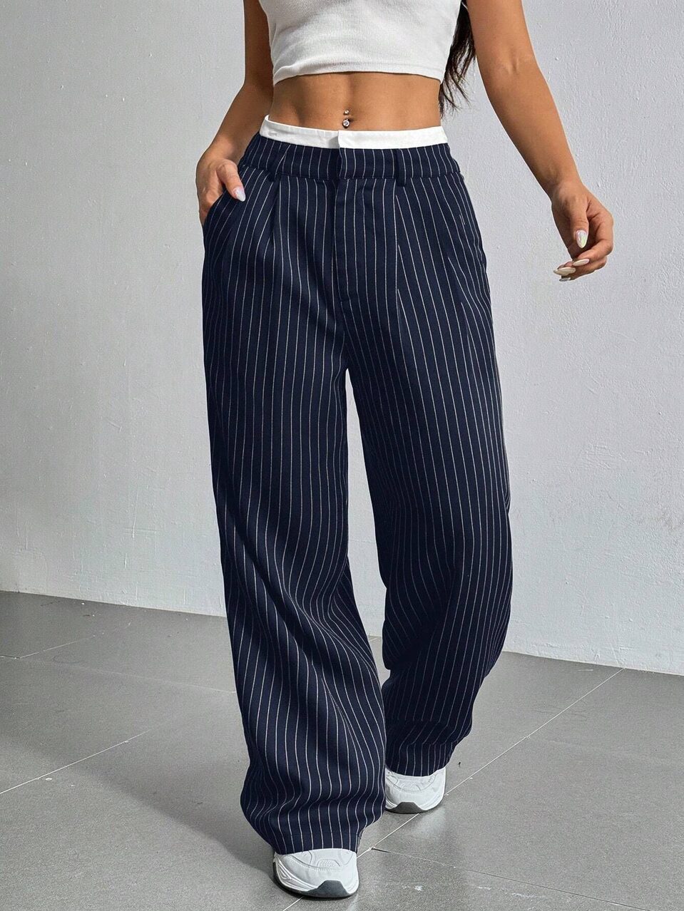 Stripe Printed Trousers Fashion High Waist Straight Leg