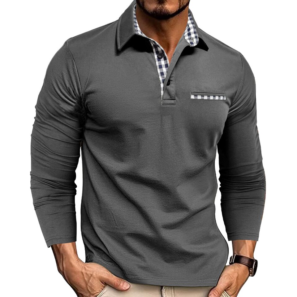 Casual Plaid Splicing Lapel Polo Shirt Fashion Solid