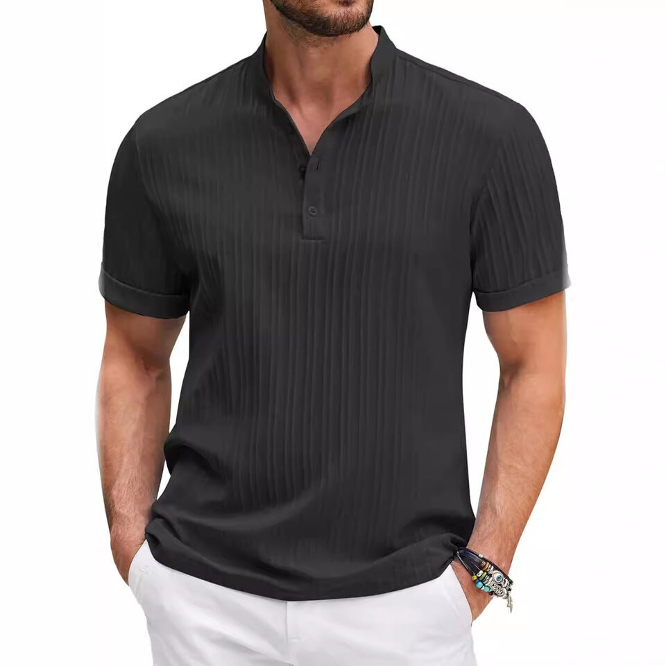 Summer Stand Collar Buttons Short Sleeve T-shirt Solid