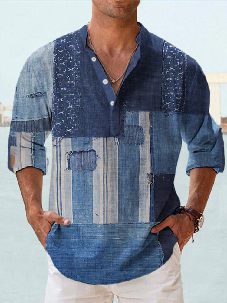 Thin Casual Digital Bamboo Linen Hawaiian Long Sleeve Shirt